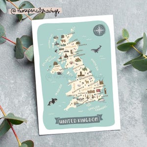 Vereinigtes Königreich Karte Postkarte | Illustrierte UK Reise Print | Niedliche Landschaften & Tiere | Fernweh Geschenk oder Souvenir