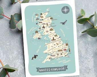 Cartão postal com mapa do Reino Unido | Impressão ilustrada de viagem ao Reino Unido | Pontos turísticos e animais fofos | Presente ou lembrança para quem deseja viajar
