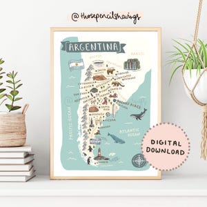 Argentinien Karte Drucken | Illustrierte Südamerika druckbare Kunst | Niedliche Landschaften & Tiere | Reise Karte Poster | DIGITALER DOWNLOAD