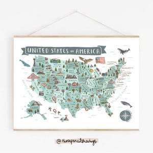 USA Karte Drucken | Illustrierte USA Wandkunst Poster | Niedliche Landschaften & Tiere | Amerikanisches Reisegeschenk