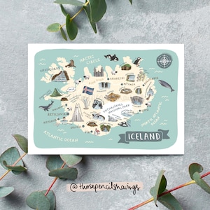Island Karte Postkarte | Illustrierte Nordische Reise Poster | Niedliche isländische Wahrzeichen und Tiere | Fernweh Geschenk oder Souvenir