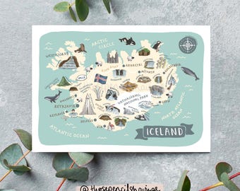 Cartolina con mappa dell'Islanda / Stampa illustrata di viaggio nordico / Graziosi monumenti e animali islandesi / Regalo o souvenir per viaggiatori