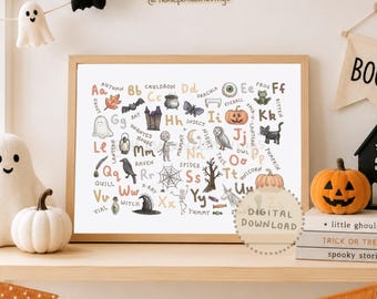 Peut inclure: Une affiche encadrée sur le thème d'Halloween avec des illustrations à l'aquarelle d'objets effrayants tels que des chauves-souris, des citrouilles et des fantômes. L'affiche comprend le texte "TÉLÉCHARGEMENT NUMÉRIQUE". Des citrouilles décoratives et une bannière sont également visibles.