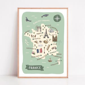 France Map Print: Illustrated Travel Poster, French Landmarks