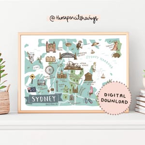 Sydney Map Print | Illustrated Australia Printable Wall Art | Cute Landmarks & Animals | Aussie Travel Map Poster | DIGITAL DOWNLOAD
