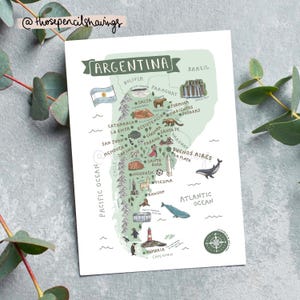 Argentina Map Postcard | Illustrated South America Travel Print | Cute Argentinian Landmarks & Animals | Wanderlust Gift or Souvenir