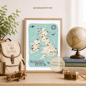 May include: A framed map of Great Britain and Ireland with a light blue background and illustrations of landmarks and sea creatures. The words "Great Britain & Ireland" are at the bottom. A backpack, globe, books, and a toy camera are in the foreground.