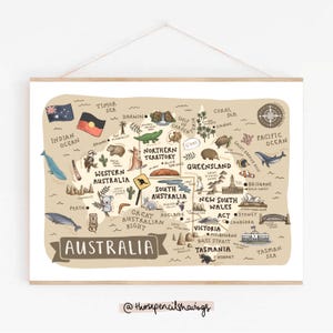 Australien Karte Poster | Illustriertes Reise Poster | Niedliche Aussie Wahrzeichen & Tiere | Fernweh Wand Dekor | Australische Kinderkunst