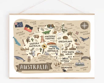 Mappa dell'Australia stampata: monumenti e animali australiani illustrati