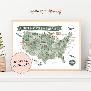 USA Karte Drucken | Illustrierte USA Wandkunst | Niedliche Landschaften & Tiere | Reise Karte Poster | DIGITALER DOWNLOAD