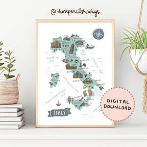 Italy Map Print | Illustrated Italy Printable Wall Art | Cute Europe Landmarks | Italian Travel Map Poster | DIGITAL DOWNLOAD