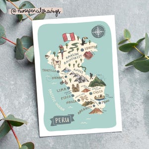 Postal con mapa de Perú / Impresión ilustrada de viaje por Sudamérica / Lindos lugares de interés y animales peruanos / Regalo o recuerdo para viajeros