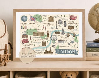 Illustrated London Map Print: British Landmarks (Digital Download)