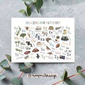 Postal con el alfabeto de Nueva Zelanda / Adorable fauna y sus íconos de la A a la Z / Recuerdo o regalo ilustrado de kiwi