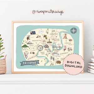 Brisbane Karte Drucken | Illustrierte Australien Kunst | Niedliche Aussie Wahrzeichen & Tiere | Reise Karte Poster | DIGITALER DOWNLOAD
