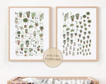 観葉植物のアルファベットと数え方のプリントセット：植物をテーマにした子供部屋アート（デジタルダウンロード）
