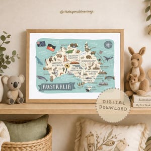 Könnte beinhalten: Eine gerahmte Karte von Australien mit Illustrationen von Sehenswürdigkeiten und Tieren. Die Karte ist hellblau mit einem Holzrahmen. Der Text "Australia" steht unten. Ein Koala- und ein Känguru-Plüschtier befinden sich auf dem Regal.