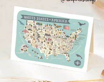 Map of USA Greeting Card | Cute Illustrated United States Map Card | America Landmarks and Animals Travel Print