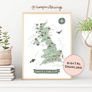 Vereinigtes Königreich Karte Drucken | Illustrierte UK druckbare Kunst | Niedliche Landschaften & Tiere | Großbritannien Reisekarte Poster | DIGITALER DOWNLOAD