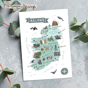 postale de l'Irlande | Impression illustrée de voyage irlandais | Animaux et monuments mignons | Cadeau ou souvenir Wanderlust