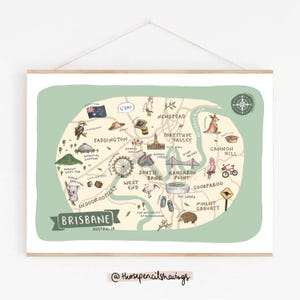 Impression de carte de Brisbane | Poster illustré du Queensland | Décoration murale mignonne avec des monuments | Cadeau de voyage ou souvenir d'Australie