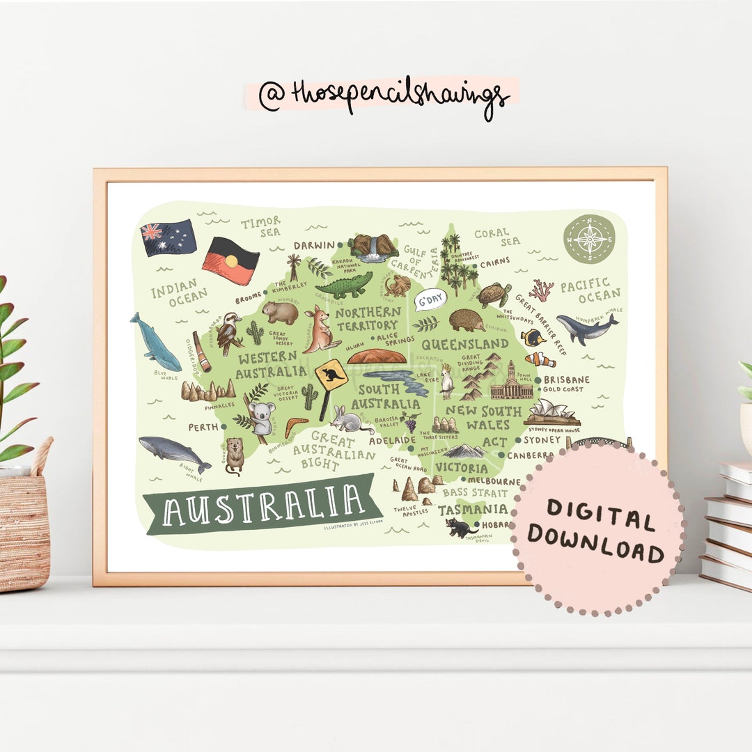 DIGITAL DOWNLOAD Map of Australia Illustrated Australian Landmarks ...