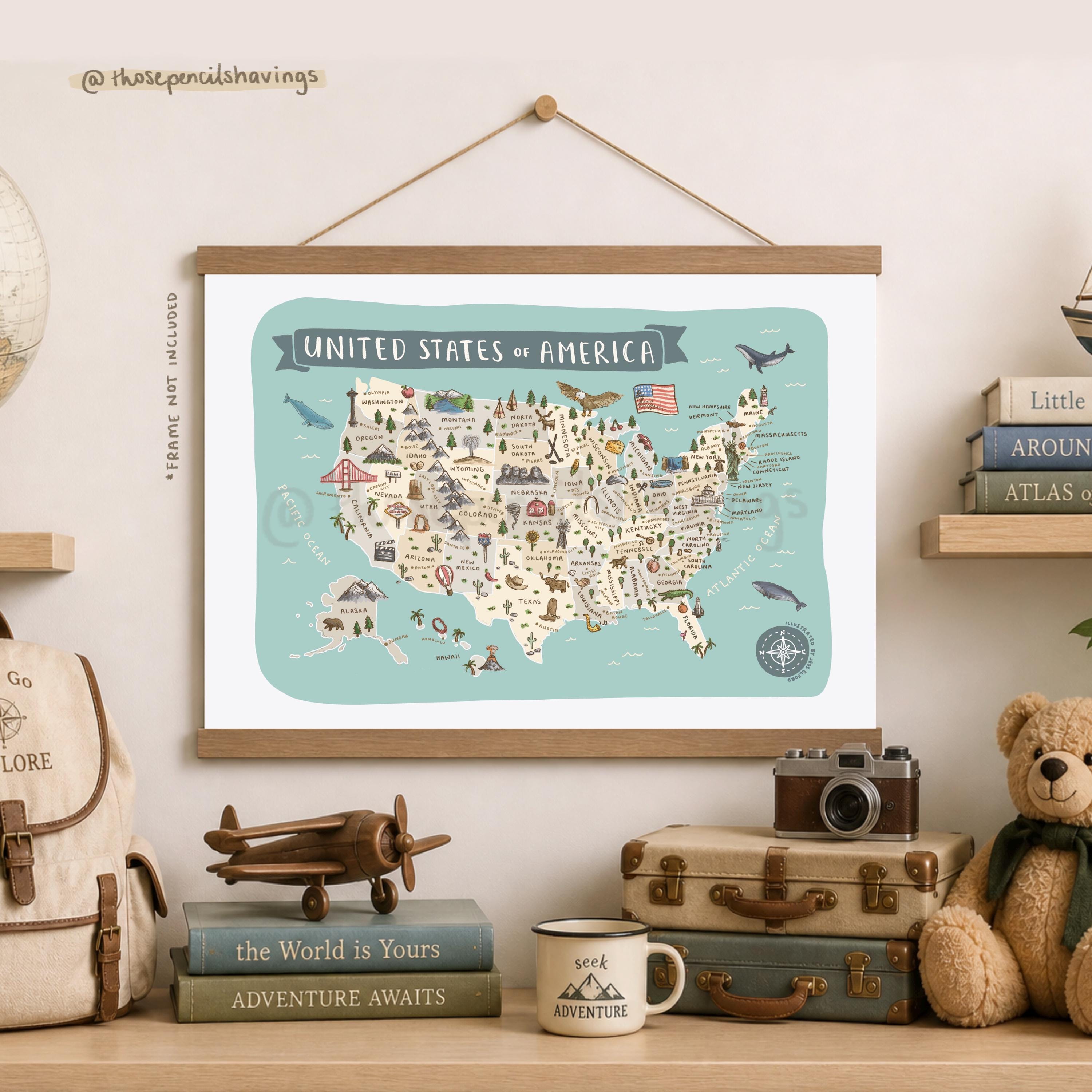 Illustrated USA Map Print | United States Landmarks Travel Wall