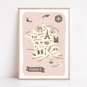 France Map Print: Illustrated Travel Poster, French Landmarks
