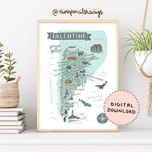 Argentinien Karte Drucken | Illustrierte Südamerika druckbare Kunst | Niedliche Landschaften & Tiere | Reise Karte Poster | DIGITALER DOWNLOAD