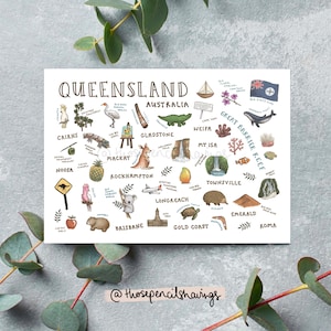 Cartoline con i monumenti del Queensland / Illustrazioni di viaggio in Australia / Icone del Queensland e souvenir
