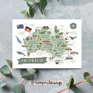 Australia Map Postcard | Illustrated Travel Print | Cute Aussie Landmarks & Animals | Wanderlust Gift or Souvenir