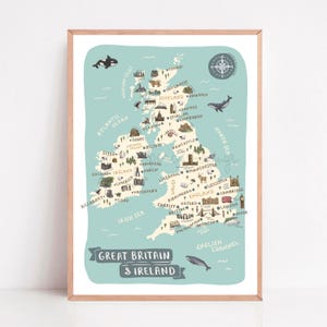 Great Britain and Ireland Map Print | Illustrated UK and Ireland Poster | Cute Landmarks & Animals | British Isles Travel Art