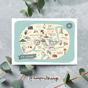 postale de Brisbane | Impression illustrée de la ville d'Australie | Monuments mignons et icônes australiennes | Cadeau ou souvenir de voyage à Brisbane