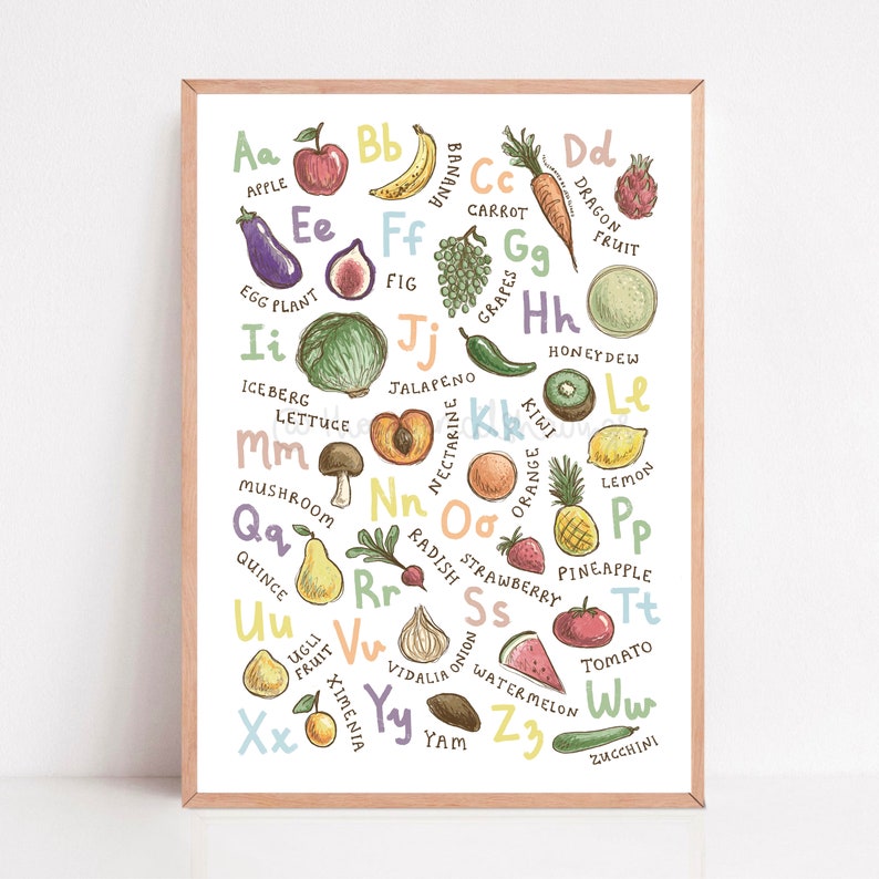 Fruit and Vegetables Alphabet Print Illustrated Kitchen ABC Etsy