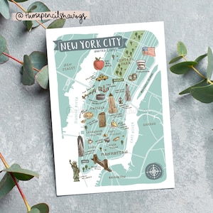 postale de carte de New York City | Impression illustrée de voyage à New York | Icônes et monuments mignons | Cadeau ou souvenir Wanderlust