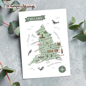 England Karte Postkarte | Illustrierte UK Reise Print | Niedliche Englisch Wahrzeichen & Icons | England Souvenir oder Fernweh Geschenk