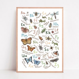 Lámina del alfabeto de insectos / Póster infantil con temática de insectos de la A a la Z / Arte mural infantil con el alfabeto impreso / Decoración de minibestias para aulas y salas de juegos
