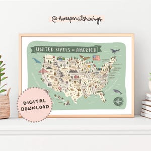 USA Map Print | Illustrated United States Printable Wall Art | Cute Landmarks & Animals | Travel Map Poster | DIGITAL DOWNLOAD