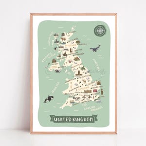 Vereinigtes Königreich Karte Drucken | Illustriertes UK Wandkunst Poster | Niedliche Landschaften & Tiere | Britisches Reisegeschenk