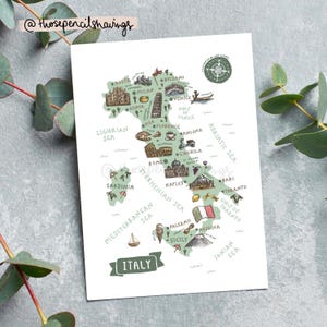 Italy Map Postcard: Illustrated Travel Souvenir, Italian Landmarks