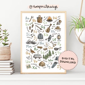 Camping Alphabet Print | Illustrated A-Z Adventure Poster | ABC Kids Great Outdoors Nursery Decor | Baby Shower Gift | Digital Download