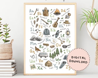 Camping Alphabet Print | Illustrated A-Z Adventure Poster | ABC Kids Great Outdoors Nursery Decor | Baby Shower Gift | Digital Download