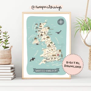 United Kingdom Map Print: Illustrated UK Landmarks & Animals (Digital Download)