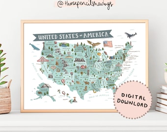 Map of United States of America | Illustrated USA Landmarks Print | America Nursery Bedroom Decor | Travel Map Poster | Digital Download