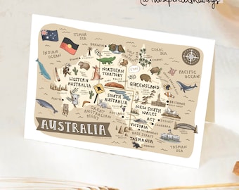 Map of Australia Greeting Card | Cute Illustrated Australia Map | Aussie Animals + Landmarks Travel Print Souvenir