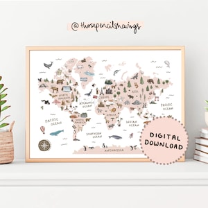 Weltkarte Print | Illustrierte Weltkarte druckbare Kunst fürs Kinderzimmer | Lernposter mit Globus | Reise Karte Poster | DIGITALER DOWNLOAD