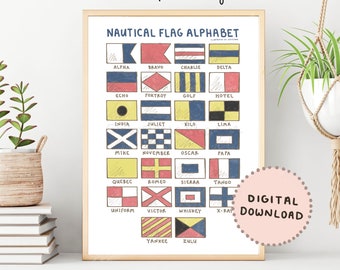 Nautical Flag Alphabet Print | Cute Maritime ABC Poster | A-Z Ocean Nursery Print | Kids Room Decor | Classroom Poster | Digital Download