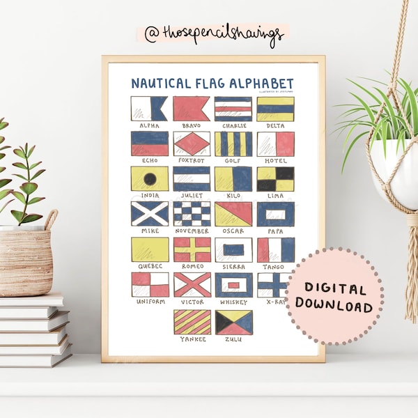 Nautical Flag Alphabet Print | Cute Maritime ABC Poster | A-Z Ocean Nursery Print | Kids Room Decor | Classroom Poster | Digital Download