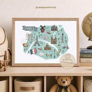 Könnte beinhalten: Ein gerahmter Druck mit einer handgezeichneten Karte von Paris, Frankreich, mit Wahrzeichen wie dem Eiffelturm, dem Arc de Triomphe und Notre Dame. Die Karte enthält eine Illustration eines Croissants, eines Fahrrads und der französischen Flagge. Die Wörter "Paris" und "Bonjour" sind ebenfalls sichtbar.