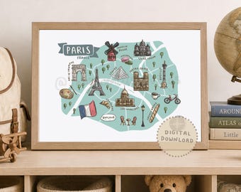 Geïllustreerde kaart van Parijs: reisposter Frankrijk (digitale download)